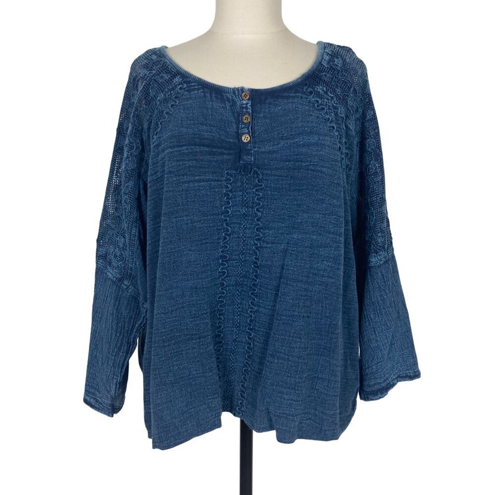 Blue Boho Cotton Top XL Lace Back Roll Tab Sleeve Fairy Grunge Witchy Bubble Hem